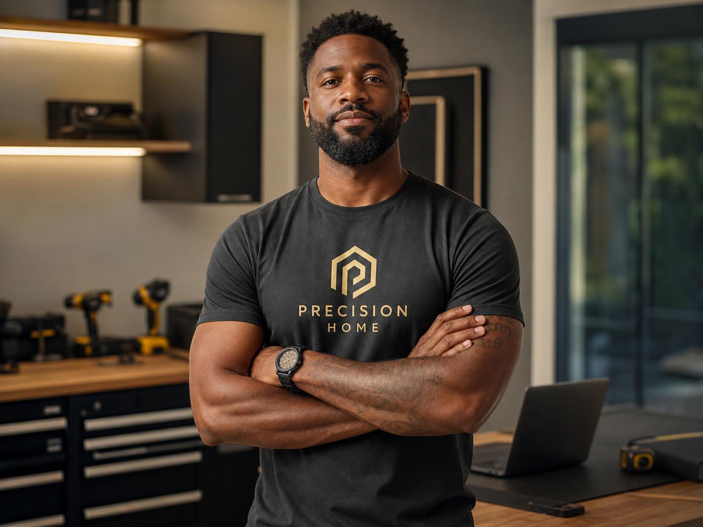 Illustrative home service business brand concept on a charcoal shirt