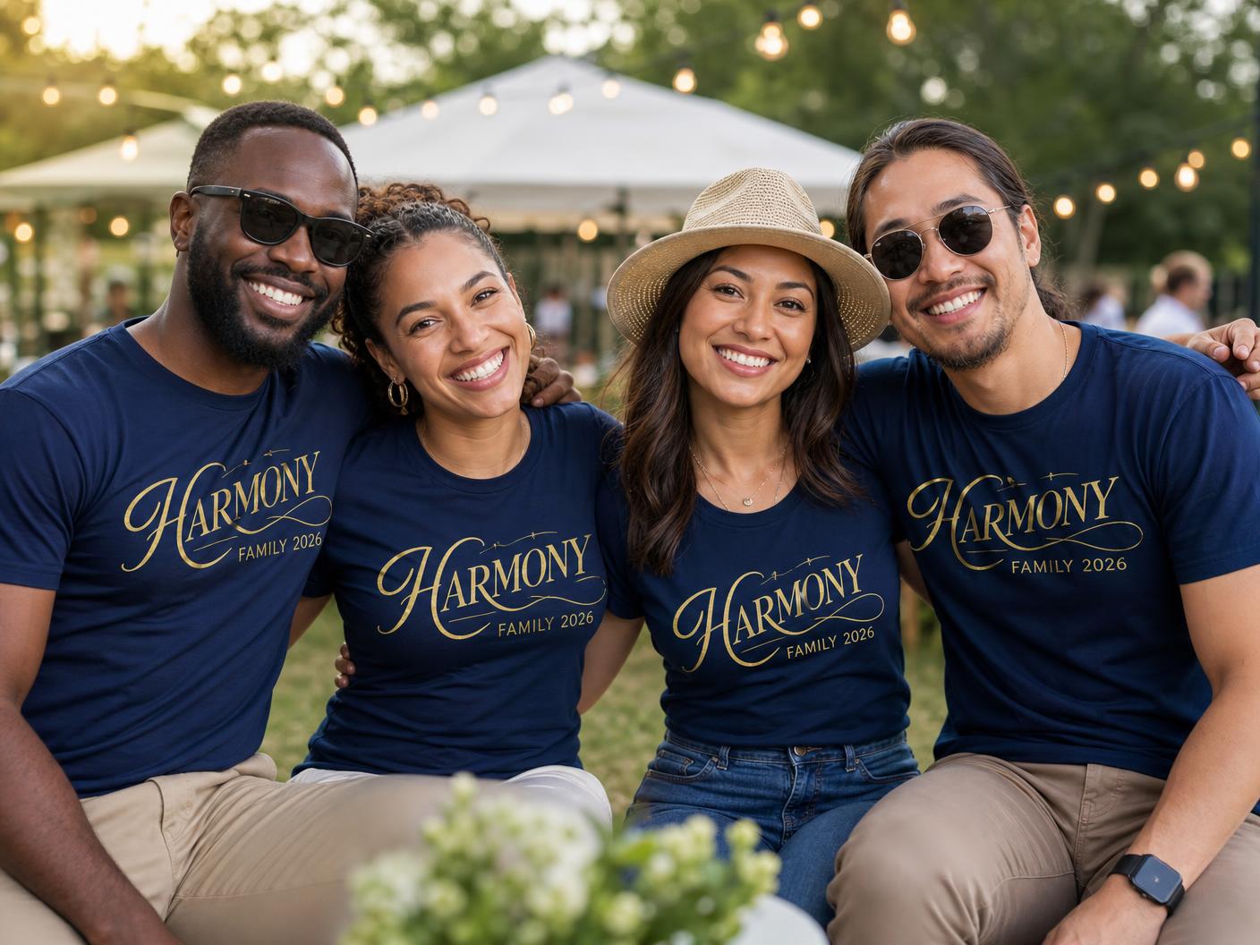 Illustrative family group concept on coordinated navy shirts