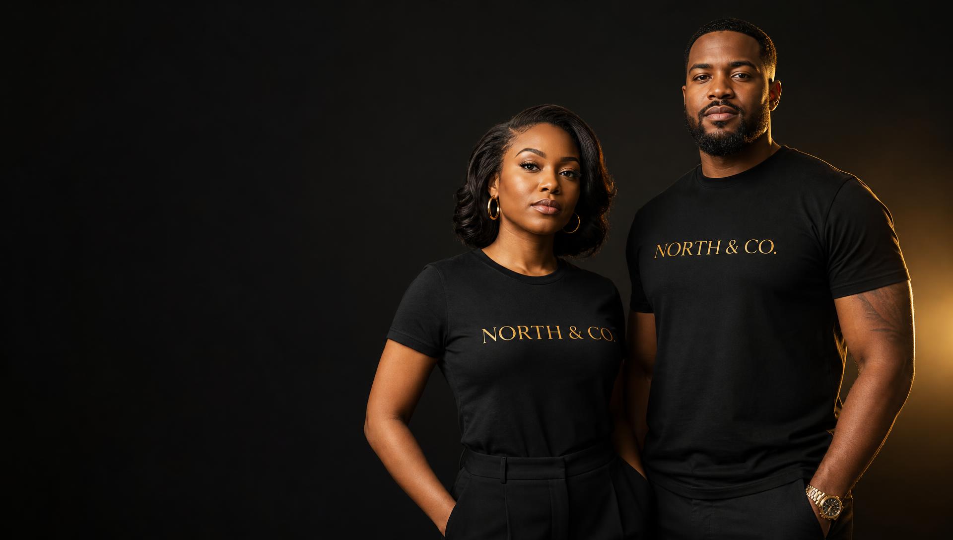Two entrepreneurs wearing coordinated black business shirts with gold branding